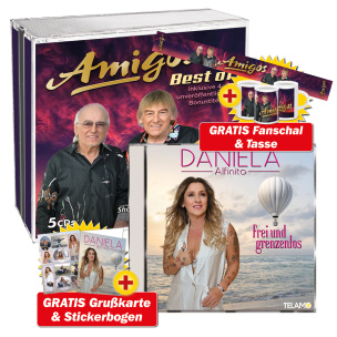 Daniela Alfinito-Frei und grenzenlos HANDSIGNIERT + Amigos-Best Of + GRATIS Daniela Stickerbogen & Grußkarte & Amigos Tasse & Fanschal